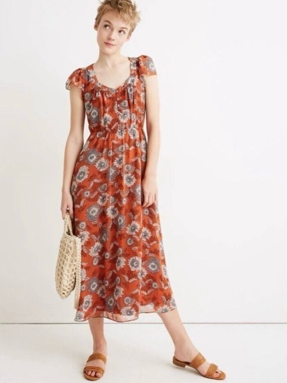 Madewell - Colorful Gathered Blooms Short Sleeve Boho Lined Maxi Dress Size 8